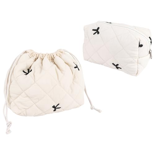 Framendino, Gesteppte Make-up-Tasche aus Baumwolle, mit Schleife, Reißverschluss, Kosmetiktasche, süße Reise-Geldbörse für Damen, 2 Stück Framendino, Gesteppte Make-up-Tasche aus Baumwolle, mit Schleife, Reißverschluss, Kosmetiktasche, süße Reise-Geldbörse für Damen, 2 Stück von Framendino
