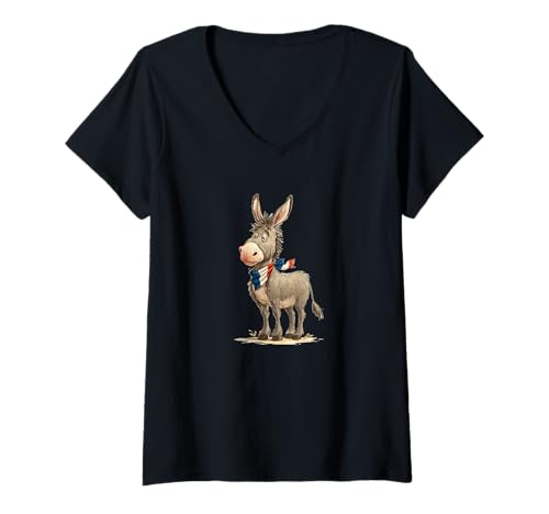 Damen Lazy Donkey Face mit französischen Farben für Jungen und Mädchen T-Shirt mit V-Ausschnitt von France Donkey Outfit