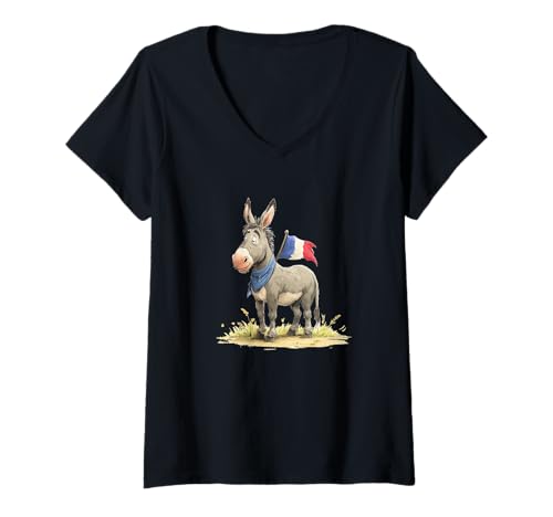 Damen Niedliche Frankreich-Esel-Grafik T-Shirt mit V-Ausschnitt von France Donkey Outfit
