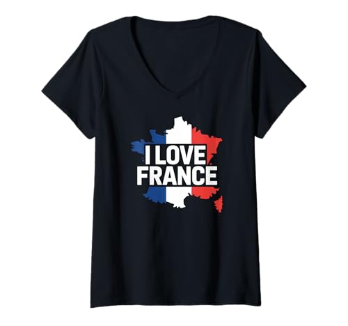 Damen I Love France Französische Karte Patriotischer Stolz T-Shirt mit V-Ausschnitt von France Enthusiasts Travel Paris Lyon