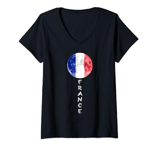 Damen Frankreich Mond Flagge Pride Französische Flagge Wurzeln Frankreich Souvenir T-Shirt mit V-Ausschnitt von France Flag Moon Apparel French Roots France Gifts