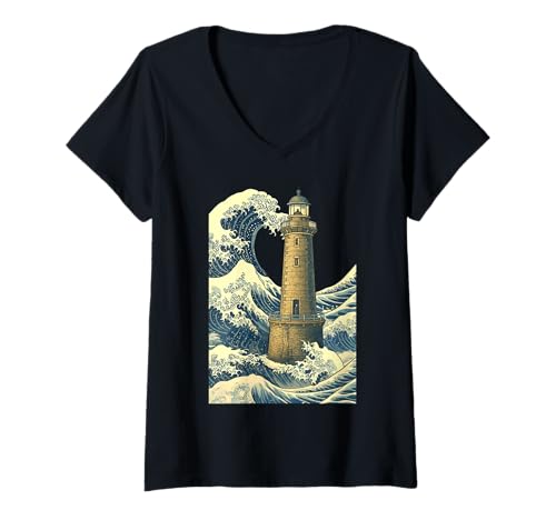 Damen Bretonischer Leuchtturm Die große Welle vor Kanagawa Hokusai Art T-Shirt mit V-Ausschnitt von France Japan Fusion Art