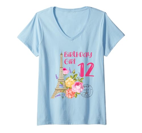 Damen Paris Motto-Party Geburtstag Mädchen Frankreich Eiffelturm 12 T-Shirt mit V-Ausschnitt von France Love Paris 12 year old
