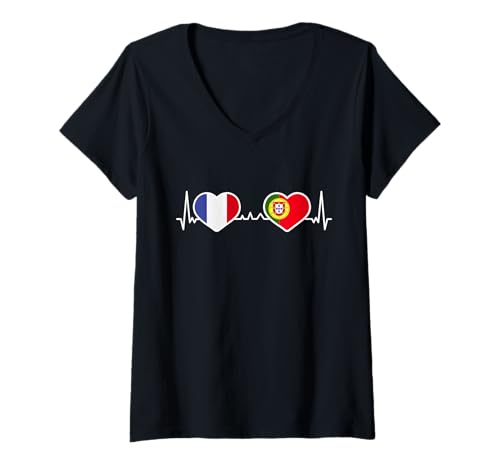 Damen Frankreich Portugal Herz Liebe Herzlinie T-Shirt mit V-Ausschnitt Damen Frankreich Portugal Herz Liebe Herzlinie T-Shirt mit V-Ausschnitt von France Portugal Cadeau