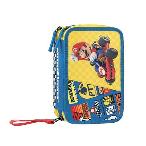 Franco Cosimo Panini Mario Kart Federmäppchen für die Schule, offizielles Mario Kart, Federmäppchen mit 3 Fächern, Jungen und Mädchen, mit Schreibwaren-Set, löschbarer Stift in Blau und praktischem von Franco Cosimo Panini