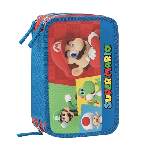 Franco Cosimo Panini Super Mario Federmäppchen für die Schule, offizielles Super Mario Federmäppchen, 3 Fächer, Jungen und Mädchen, mit Schreibwaren-Set, löschbarer Stift in Blau und praktischem von Franco Cosimo Panini