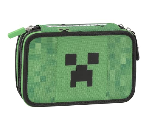 Franco Cosimo Panini Minecraft - Offizielles Minecraft-Federmäppchen für die Schule, 3 Fächer, Jungen und Mädchen, mit Schreibwaren-Set, löschbare Stifte, praktischer Reißverschluss, 20 x 13 x 7 von Franco Cosimo Panini