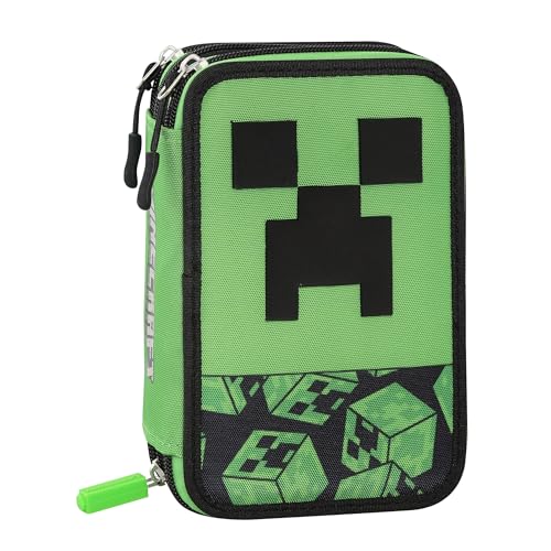 Minecraft Federmäppchen für die Schule, offizielles Minecraft, Federmäppchen mit 3 Fächern für Kinder und Jugendliche mit Schreibwarenset, 5 selbstklebende Namensetiketten und praktischer von Franco Cosimo Panini