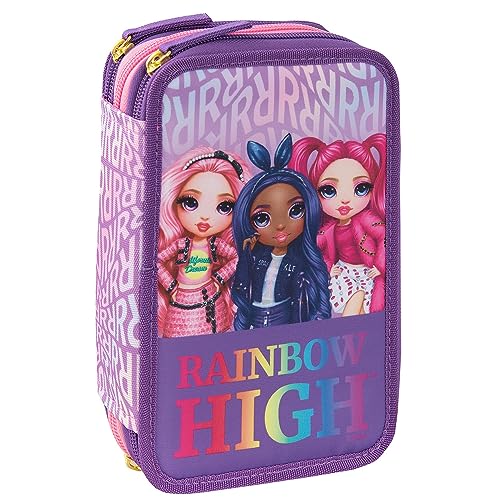Rainbow HIGH - Offizielles Schulmäppchen, Federmäppchen mit 3 Fächern für Mädchen mit Schreibwarenset, löschbarem Stift in Blau Frixion und praktischem Reißverschluss, 20 x 13 x 7 cm, violett, teglia von Franco Cosimo Panini
