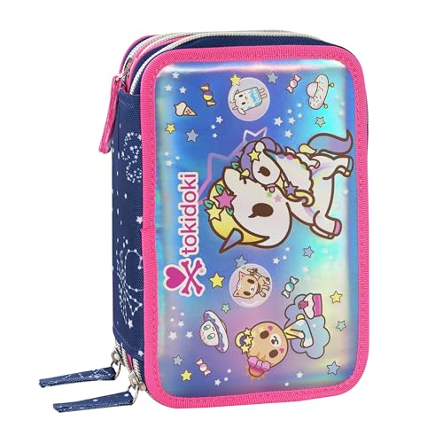 Tokidoki Federmäppchen für die Schule, offizielles Tokidoki, Federmäppchen mit 3 Fächern für Mädchen mit Schreibwarenset, löschbarem Stift in Blau und Rot und Etiketten, selbstklebend, praktischer von Franco Cosimo Panini