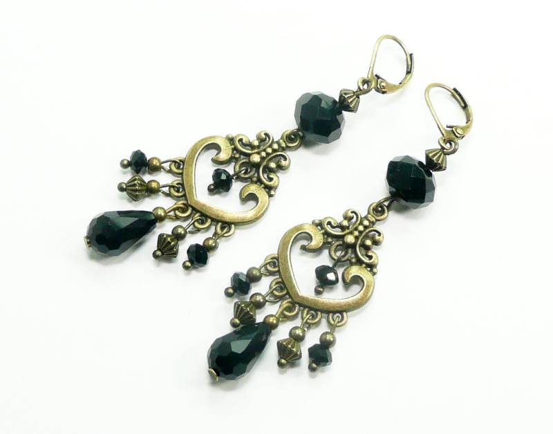 Black Victorian Earrings, Bronze Jewelry, Black Crystal Beaded Antique Earrings von FrancoiseCreations