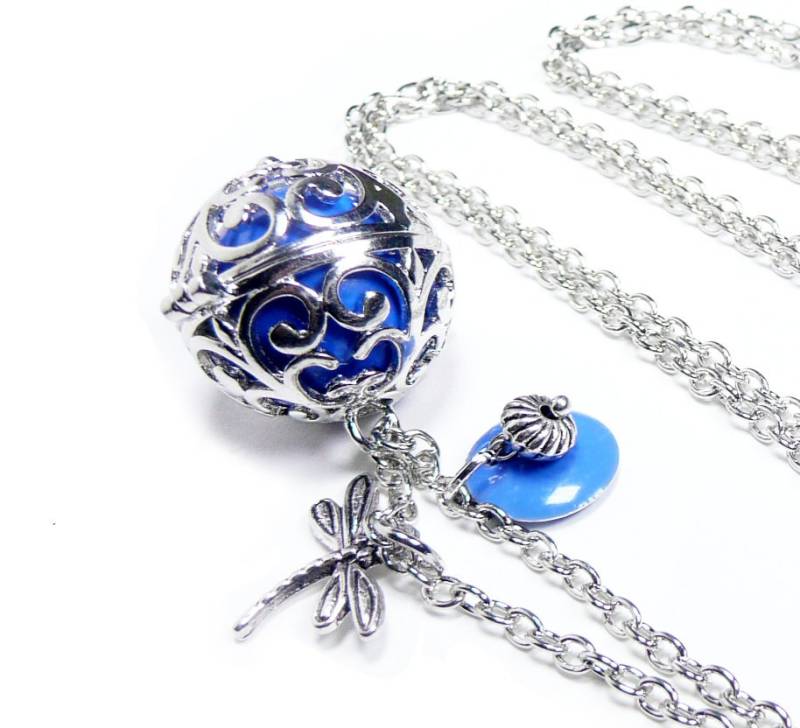 Creator Schwangerschaft Bola Bringt Glück, Der Schwangerschaft Silbern, Bola Perle Blau Und Libellulee, Geschmückte Schwangere Frau von FrancoiseCreations