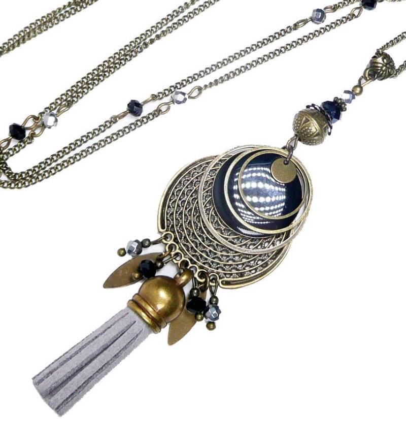 Halskette Quaste Grau, Boho Chic, Schwarze Pailletten, Silberperlen, Bronzeschmuck Vintage Messing von FrancoiseCreations