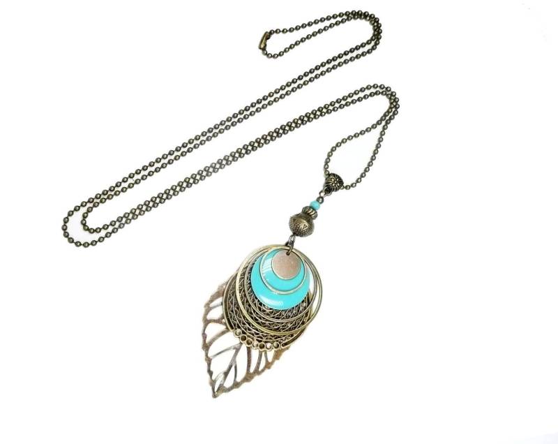 Halskette Sautoir Kette Boho Und Türkis Pailletten, Blatt, Bronze Vintage-Schmuck-Anhänger von FrancoiseCreations
