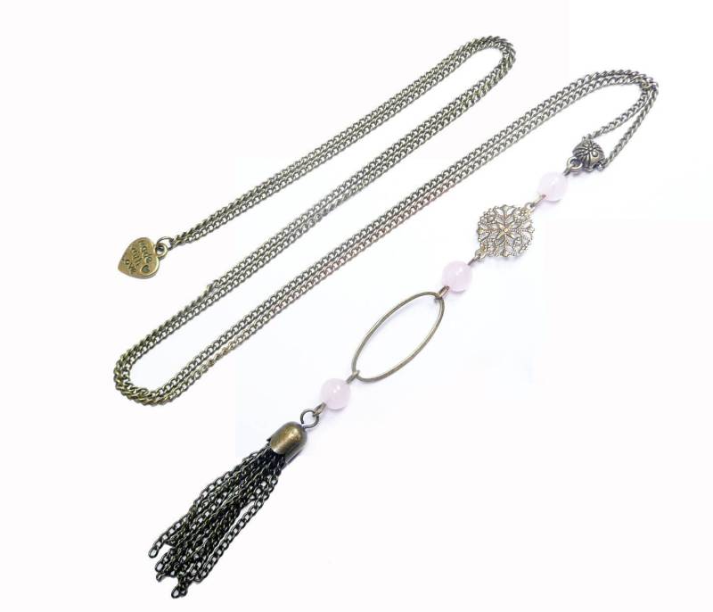 Halskette Sprung Designer Rosenquarz Rosenquartel Und Bronze-Vintage Pompon, Weihnachtsgeschenk von FrancoiseCreations