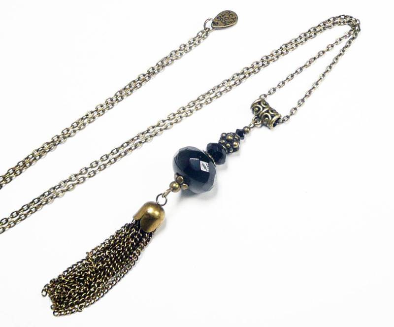 Halskette Sprung Perlen Schwarz Facetten Und Pompon Bronze Vintage von FrancoiseCreations