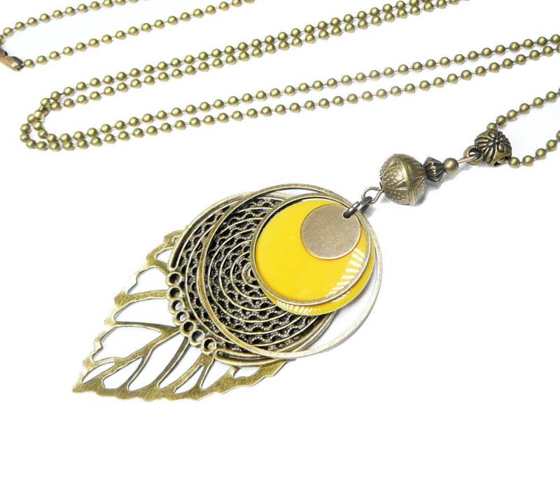 Lange Halskette, Boho-Halskette Und Senfgelbes Pailletten-Bronzeblatt von FrancoiseCreations