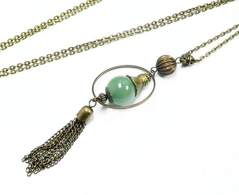 Lange Halskette Aus Grünem Aventurin, Perlenkette, Ring Und Pompon Vintage-Bronze-Messing von FrancoiseCreations