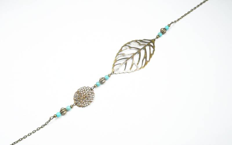 Leaf & Turquoise Beaded Bronze Headband, Vintage Antique Headband von FrancoiseCreations