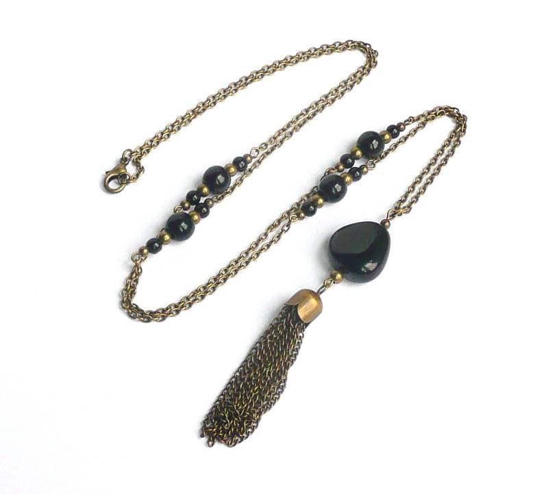 Long Chain Necklace, Pompom Pendant, Black Beaded, Mothers Day, Bronze Jewelry von FrancoiseCreations
