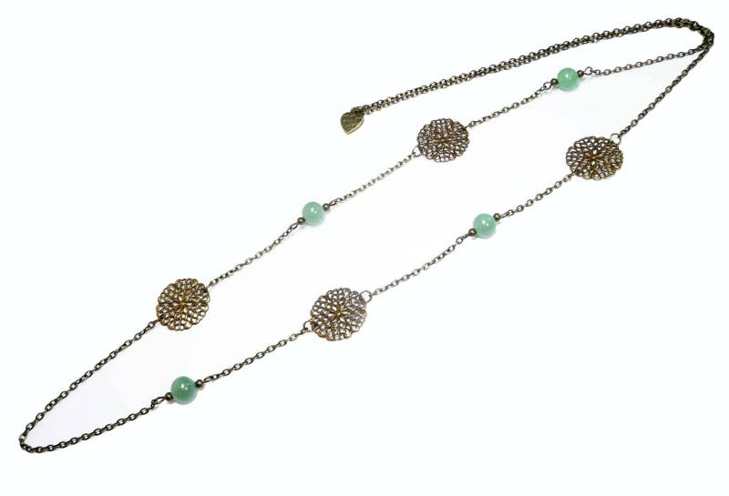 Long Necklace, Bronze Jewelry, Green Beaded Aventurine French Vintage Jewel von FrancoiseCreations