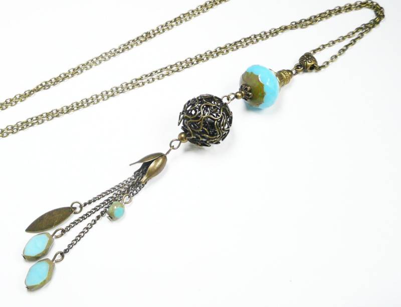 Long Pendant Necklace, Bleue Beaded Long Pompom Pendant, Vintage Jewel, French Jewelry von FrancoiseCreations