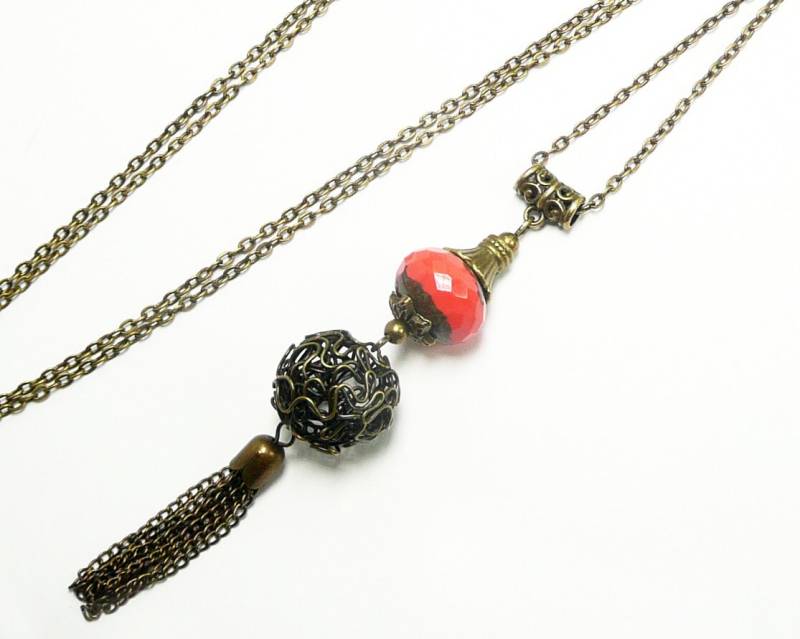 Long Pendant Necklace, Bronze Jewelry, Long Pompom Pendant, Red Beaded French Jewelry von FrancoiseCreations