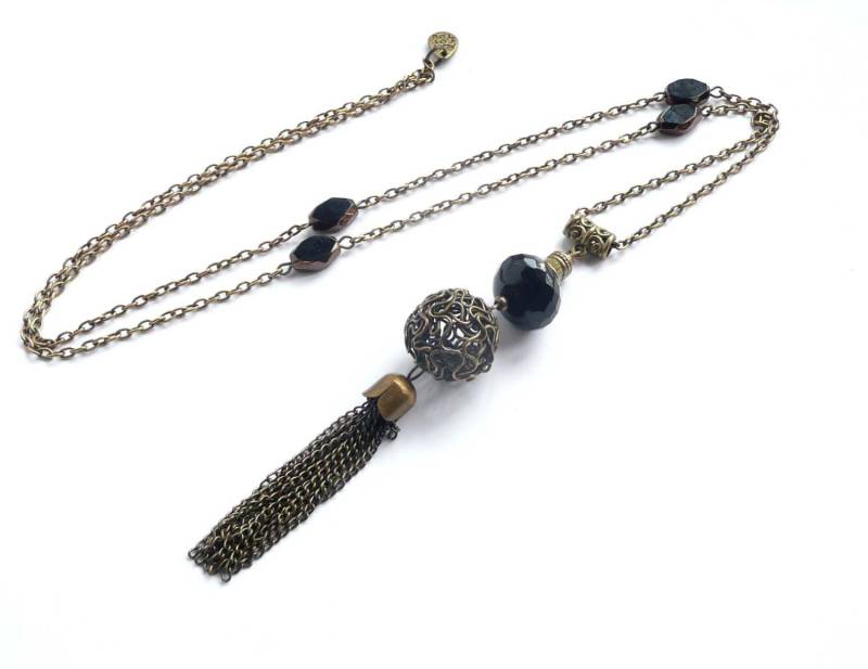 Long Pendant Necklace, Pompom Pendant, Black Beaded, Bronze Jewelry von FrancoiseCreations