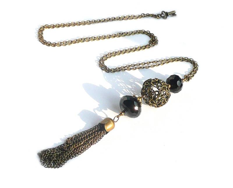 Long Pendant Necklace, Pompom Pendant, Black Beaded, Bronze Jewelry von FrancoiseCreations