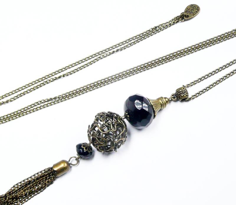 Long Pendant Necklace, Pompom Pendant, Black Beaded Bronze Jewelry von FrancoiseCreations
