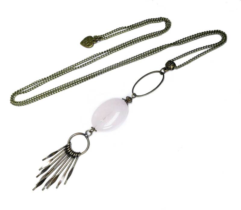 Sautoir Halskette Perle Bronze Vintage Quaste Und Rosenquarz von FrancoiseCreations