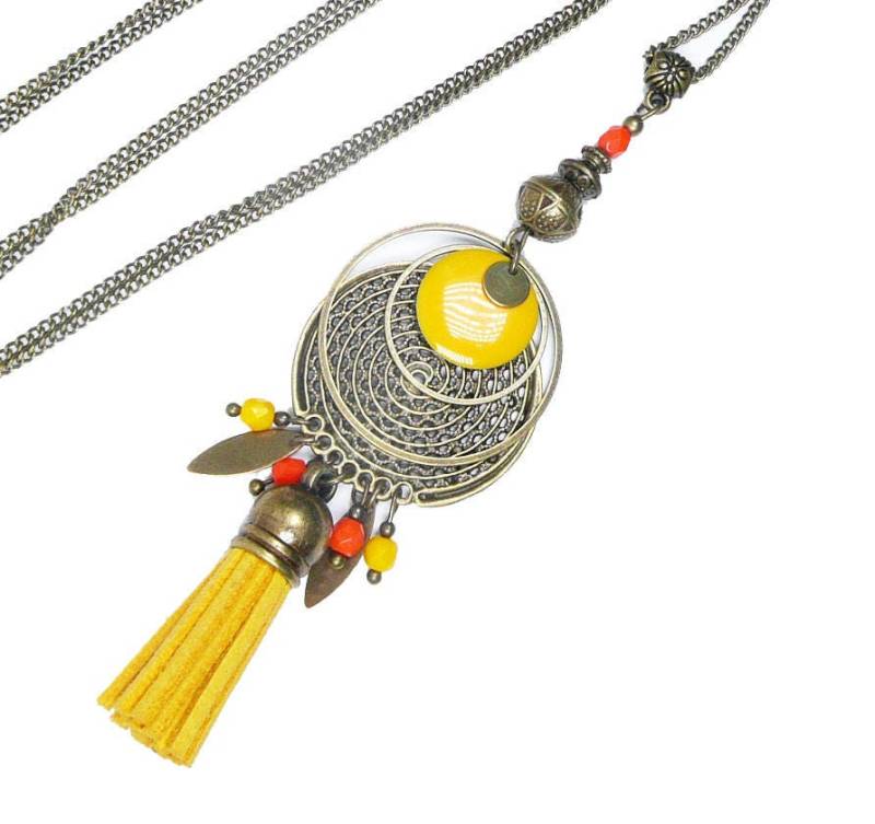 Senf Pompon Sprung Halskette, Schick Boho Vintage Bronze Messing Schmuck von FrancoiseCreations