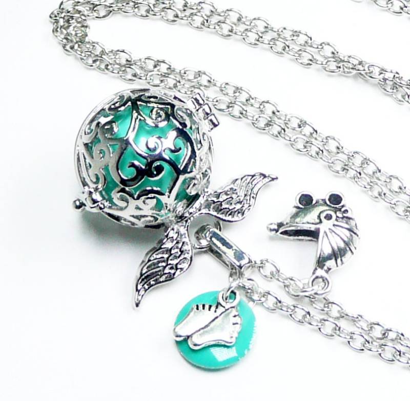 Silber Engelsflügel Schöpfer Schwangerschaft Bola, Bola Silber, Grüne Kugel Bola von FrancoiseCreations