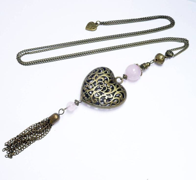 Sprung Halskette Herz Halskette, Rosa Quarzperlen, Bronze Schmuck, Herz-Anhänger von FrancoiseCreations