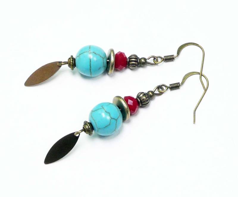 Turquoise Earrings, Bronze Jewelry, Turquoise Beaded Antique Earrings, French Jewelry von FrancoiseCreations