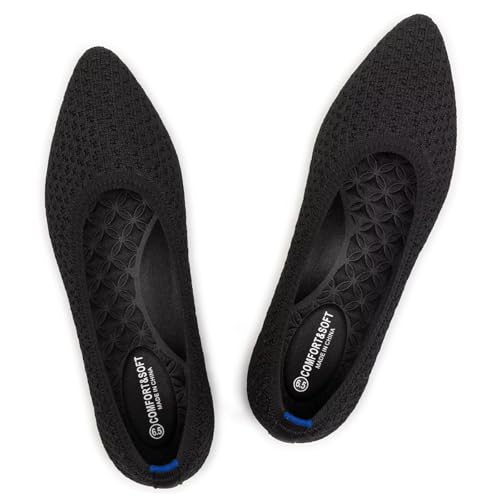 Damen Ballettschuhe mit spitzem Zehenbereich, flach, gestrickt, niedriger Keilabsatz, flache Schuhe, bequeme Schlupfschuhe, flache Schuhe für Damen, klassisch, weich, Schuhe, schwarz, 41 EU von Frank Mully