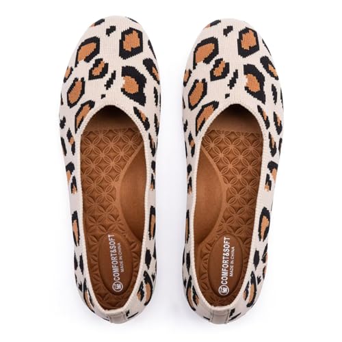 Frank Mully Damen-Ballerinas, breite Ballerinas, Slip-on-Strickschuhe, Bequeme, runde Zehenpartie für Damen, Leopardenfarbe, 39 EU von Frank Mully
