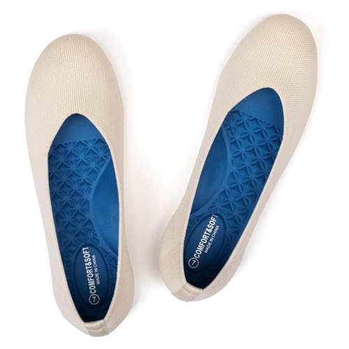 Frank Mully Damen-Ballerinas, runde Zehen, Wanderschuhe, Schlupfschuhe, Arbeitsschuhe, gestrickt, flach, weich, leicht, Creme 76, 37 EU von Frank Mully