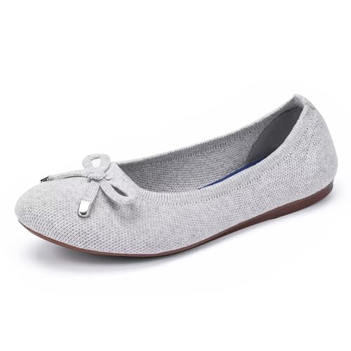 Frank Mully Damen Ballett Flache Schuhe Strick Kleid Schuhe Runde Zehe Slip On Ballerina Walking Flats Schuhe für Frau Niedriger Keil Komfort Weich, 6047 Hellgrau, 41 EU von Frank Mully