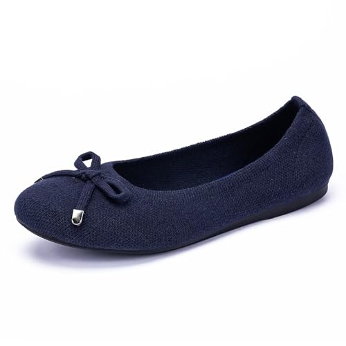 Frank Mully Damen Ballett Flache Schuhe Strick Kleid Schuhe Runde Zehe Slip On Ballerina Walking Flats Schuhe für Frau Niedriger Keil Komfort Weich, 6047 Marineblau, 39 EU von Frank Mully