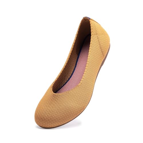 Frank Mully Damen Ballett Flache Schuhe Strick Kleid Schuhe Runde Zehen Slip On Ballerina Walking Flats Schuhe für Frauen Niedriger Keilabsatz Komfort Weich, Braun, 39 EU von Frank Mully