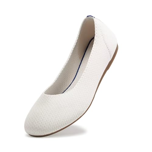 Frank Mully Damen Ballett Flache Schuhe Strick Kleid Schuhe Runde Zehen Slip On Ballerina Walking Flats Schuhe für Frauen Niedriger Keilabsatz Komfort Weich, Cream, 42 EU von Frank Mully