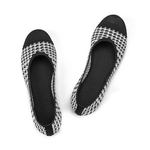 Frank Mully Flache Ballerinas für Damen, gestrickt, runde Zehenpartie, Slipper, Ballerinas für Damen, niedriger Keilabsatz, bequem, weich, schwarz und weiß, 39.5 EU von Frank Mully