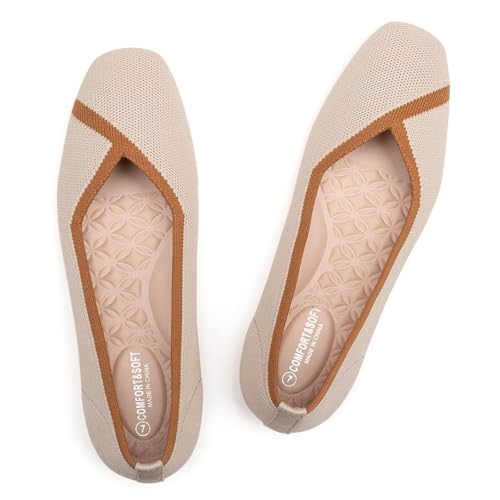 Frank Mully Damen Flache Schuhe mit quadratischer Zehenpartie, Bequeme Flache Strickschuhe, Arbeitsschuhe für Damen, Kamel, 43 EU von Frank Mully