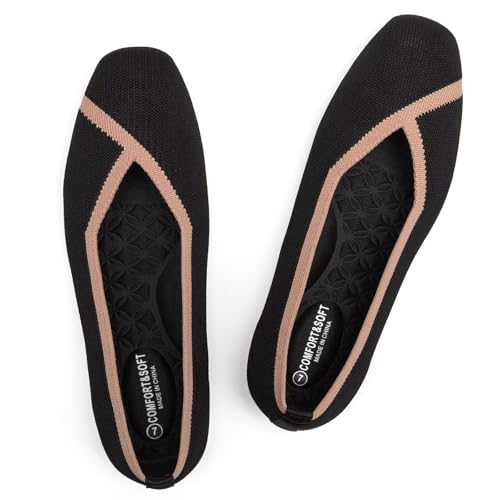 Frank Mully Damen Flache Schuhe mit quadratischer Zehenpartie, Bequeme Flache Strickschuhe, Arbeitsschuhe für Damen, Schwarz, 42 EU von Frank Mully