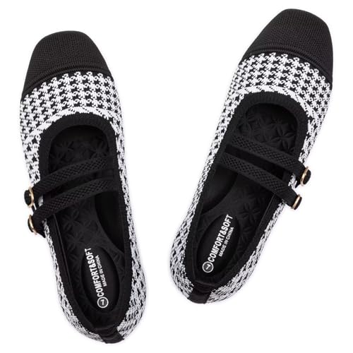 Frank Mully Damen Flats Square Toe Mary Jane Ballerinas mit Riemchen Bequeme Schlupfschuhe Strickschuhe Elegant Casual, B-weiß, 37 EU von Frank Mully