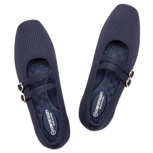 Frank Mully Damen Flats Square Toe Mary Jane Ballerinas mit Riemchen Bequeme Schlupfschuhe Strickschuhe Elegant Casual, Blau, 37 EU Frank Mully Damen Flats Square Toe Mary Jane Ballerinas mit Riemchen Bequeme Schlupfschuhe Strickschuhe Elegant Casual, Blau, 37 EU von Frank Mully