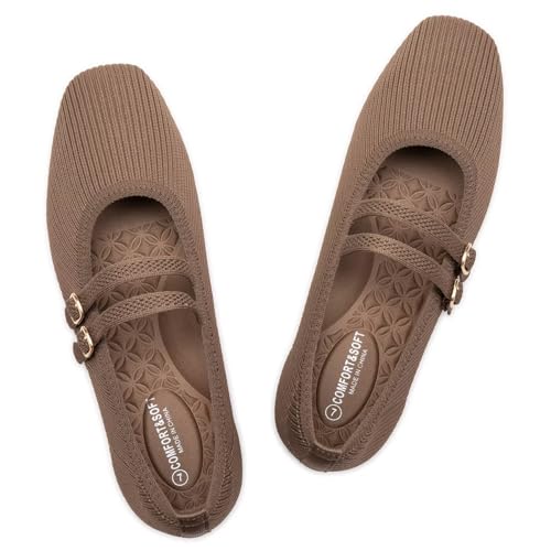 Frank Mully Damen Flats Square Toe Mary Jane Ballerinas mit Riemchen Bequeme Schlupfschuhe Strickschuhe Elegant Casual, Braun, 41.5 EU von Frank Mully