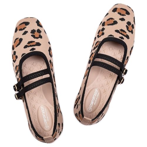 Frank Mully Damen Flats Square Toe Mary Jane Ballerinas mit Riemchen Bequeme Schlupfschuhe Strickschuhe Elegant Casual, Leopard Beige, 42 EU von Frank Mully