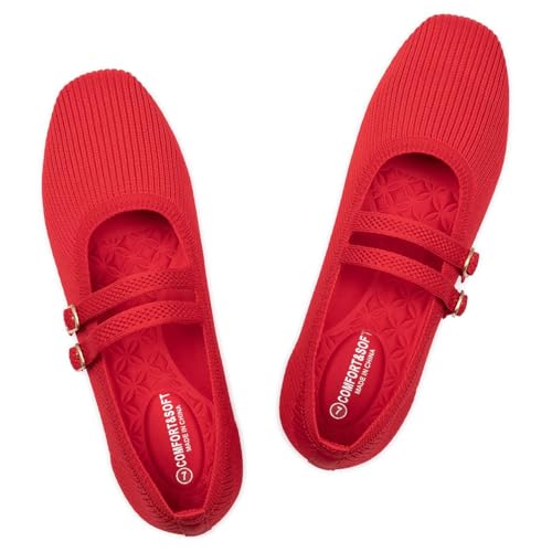 Frank Mully Damen Flats Square Toe Mary Jane Ballerinas mit Riemchen Bequeme Schlupfschuhe Strickschuhe Elegant Casual, Rot/Ausflug, einfarbig (Getaway Solids), 39.5 EU von Frank Mully